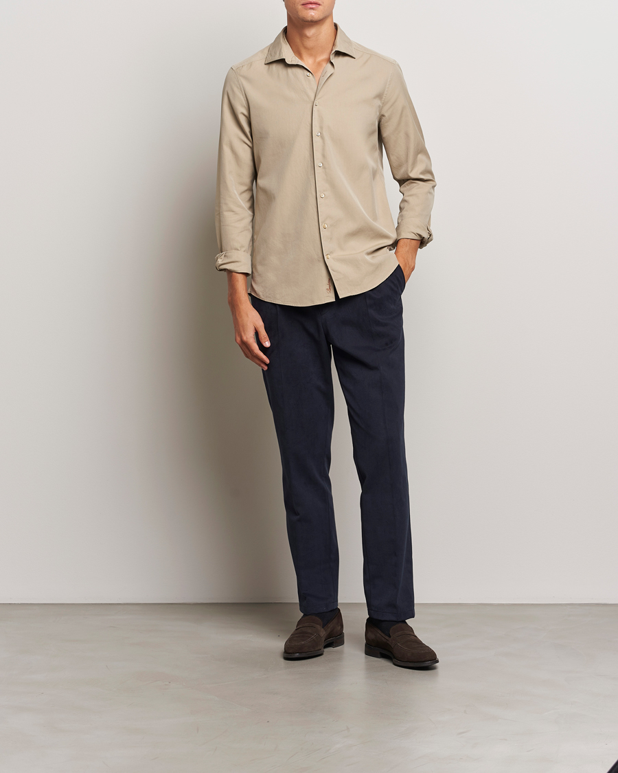 Heren | Overhemden | Stenströms | Slimline Cut Away Washed Twill Shirt Beige