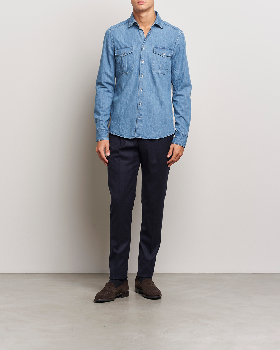 Heren | Overhemden | Stenströms | Slimline Double Pocket Denim Shirt Blue