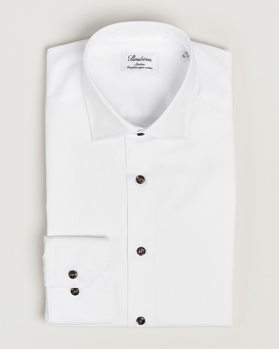 Heren | Overhemden | Stenströms | Slimline Cut Away Contrast Button Shirt White/Brown