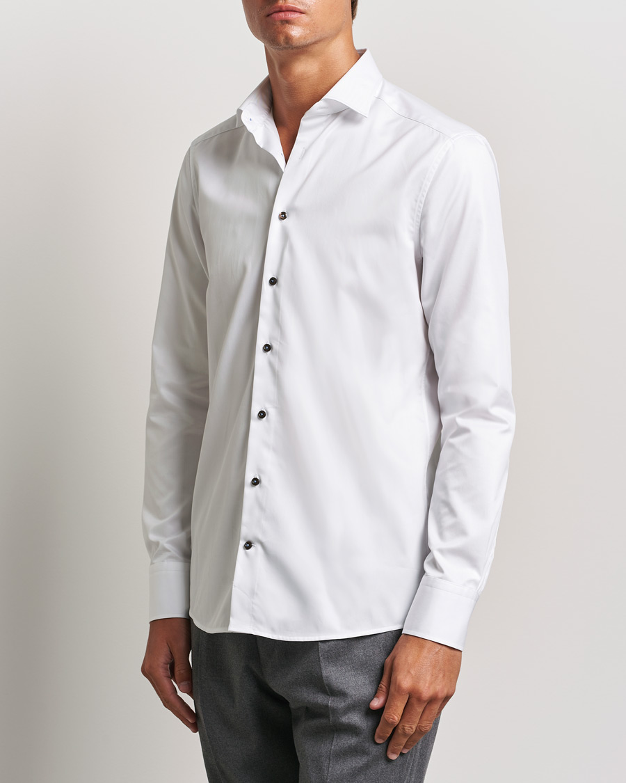 Heren | Overhemden | Stenströms | Slimline Cut Away Contrast Button Shirt White/Brown