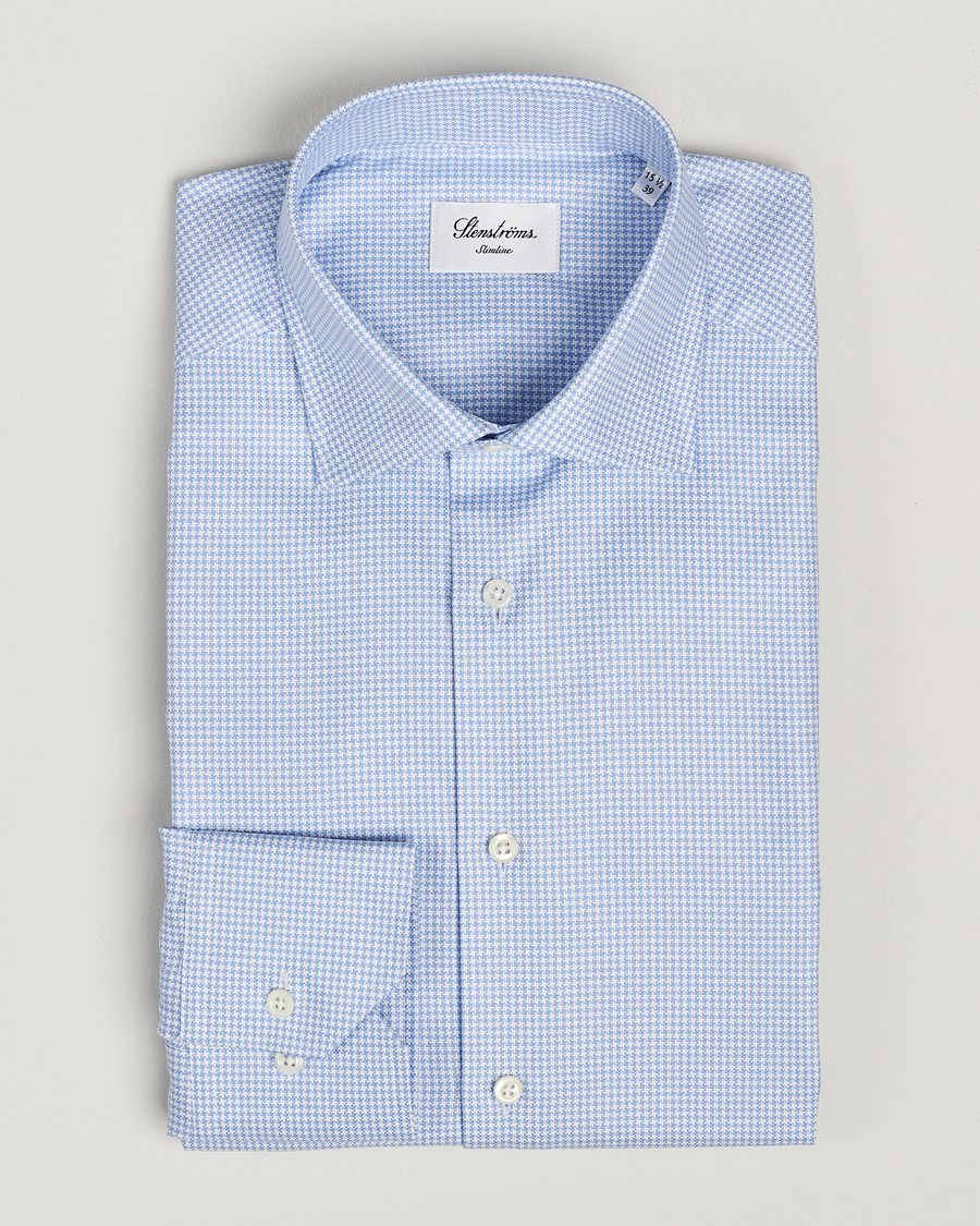 Heren | Overhemden | Stenströms | Slimline Houndstooth Cut Away Shirt Light Blue