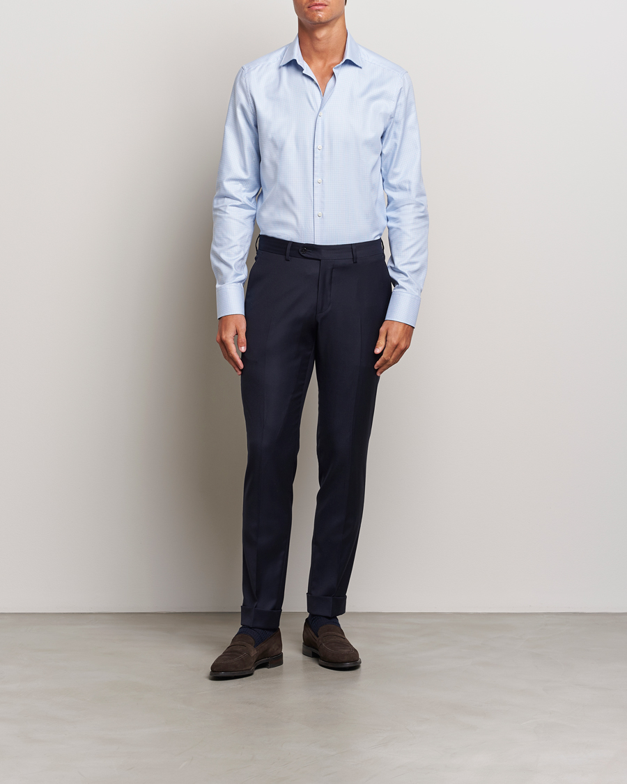 Heren | Overhemden | Stenströms | Slimline Houndstooth Cut Away Shirt Light Blue