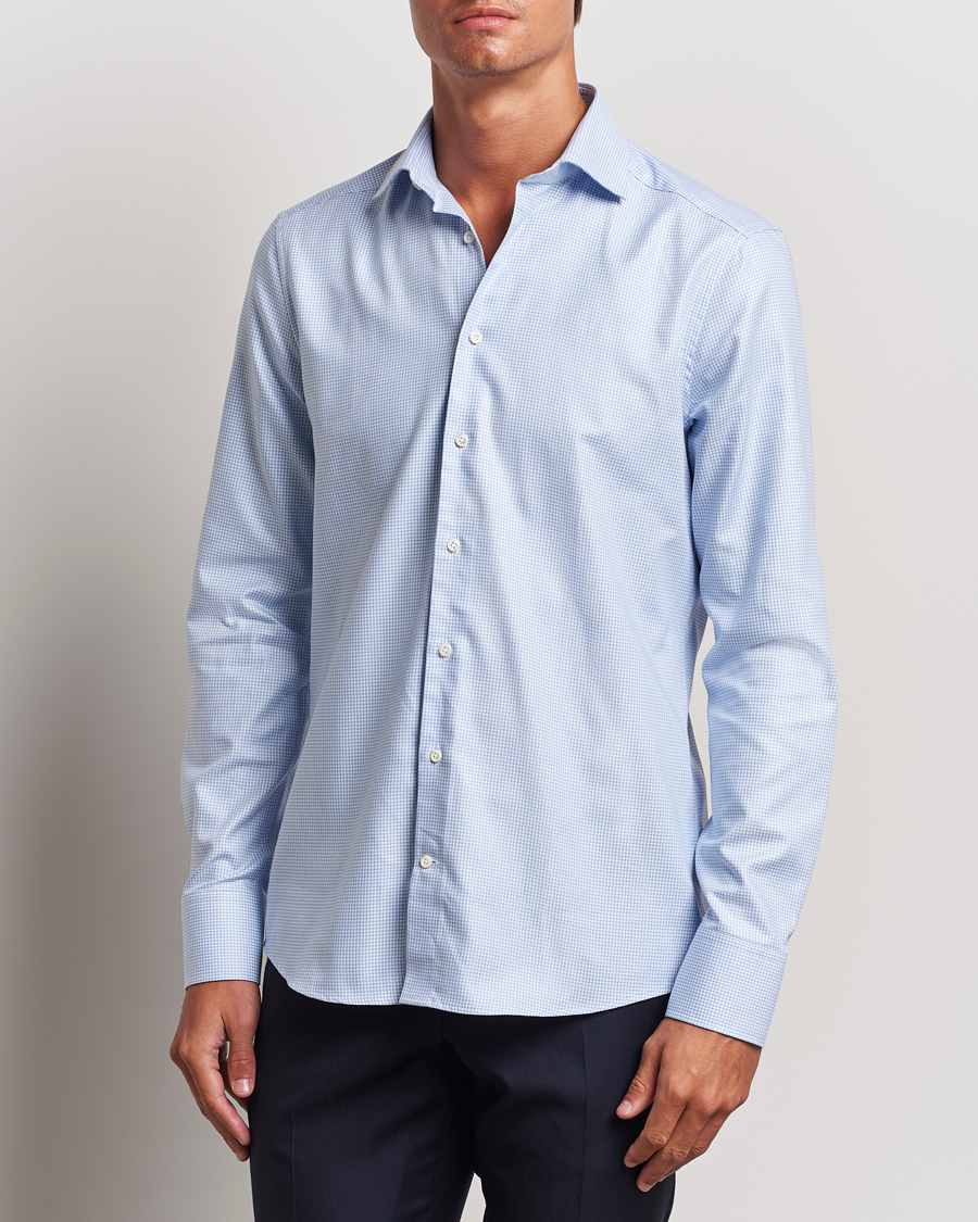 Heren | Overhemden | Stenströms | Slimline Houndstooth Cut Away Shirt Light Blue