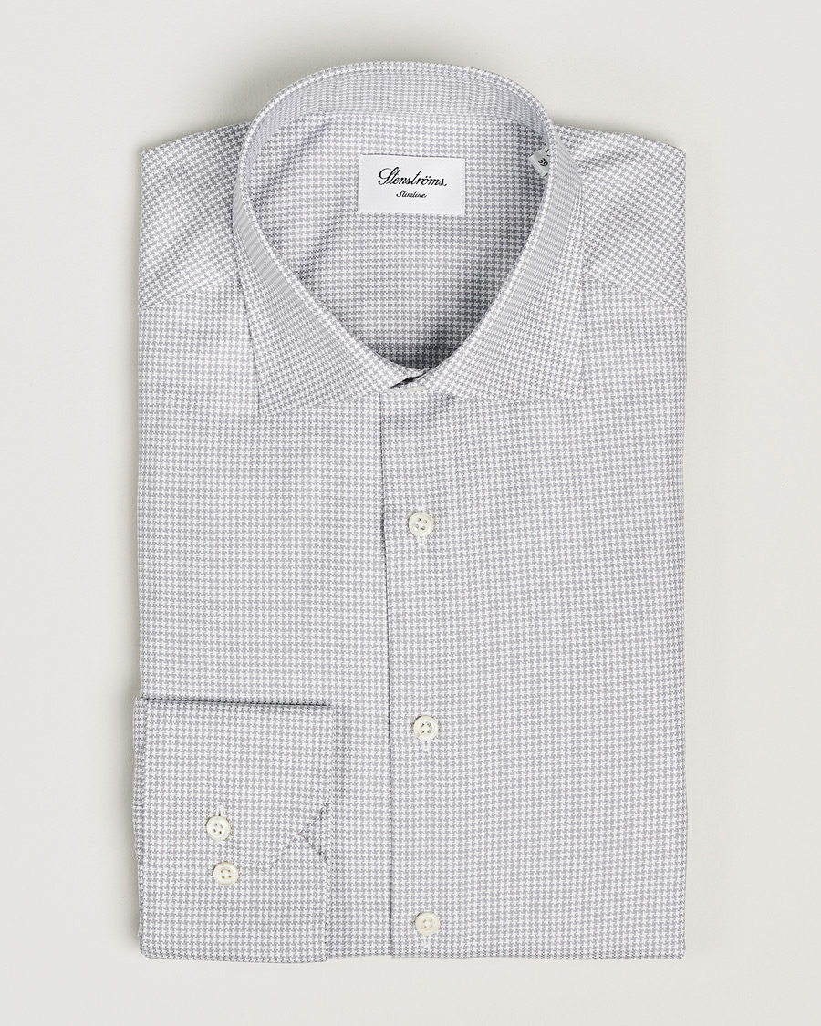 Heren | Overhemden | Stenströms | Slimline Houndstooth Cut Away Shirt Grey