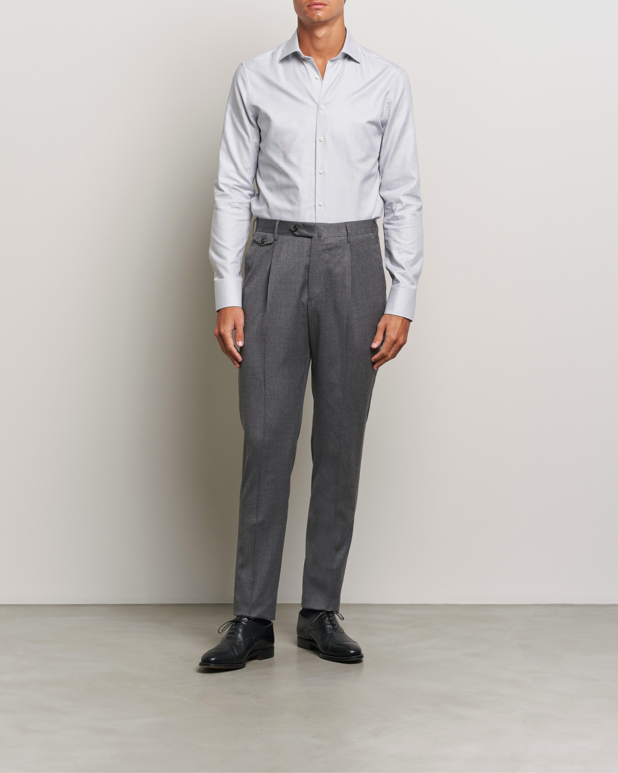 Heren | Overhemden | Stenströms | Slimline Houndstooth Cut Away Shirt Grey