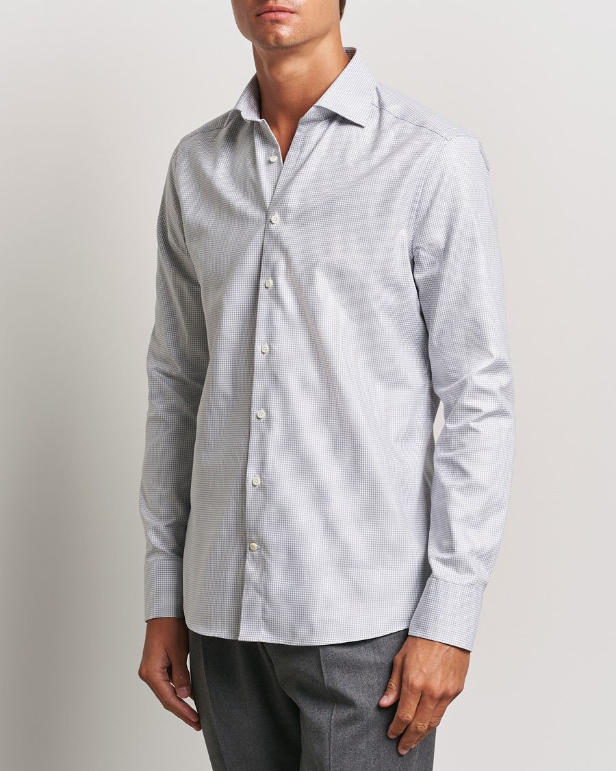 Heren | Overhemden | Stenströms | Slimline Houndstooth Cut Away Shirt Grey