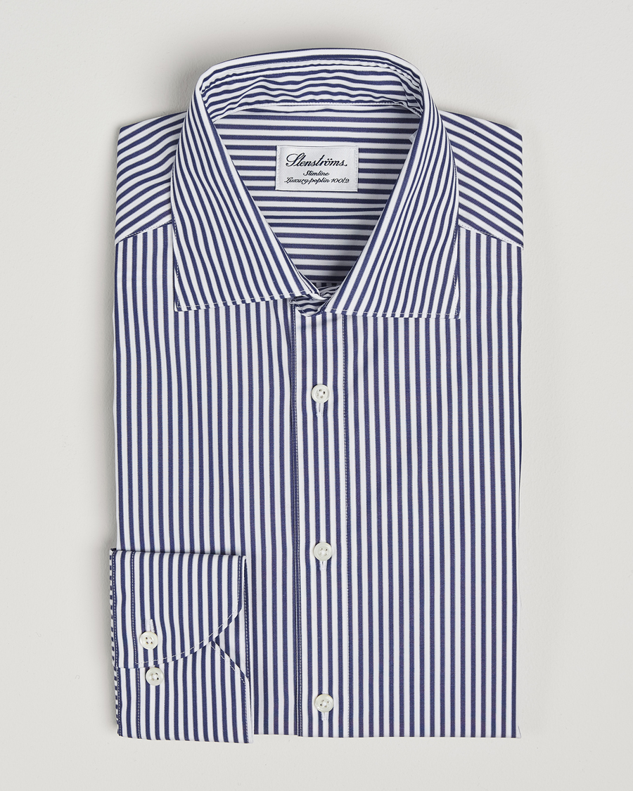 Heren | Overhemden | Stenströms | Slimline Striped Poplin Cut Away Shirt Blue