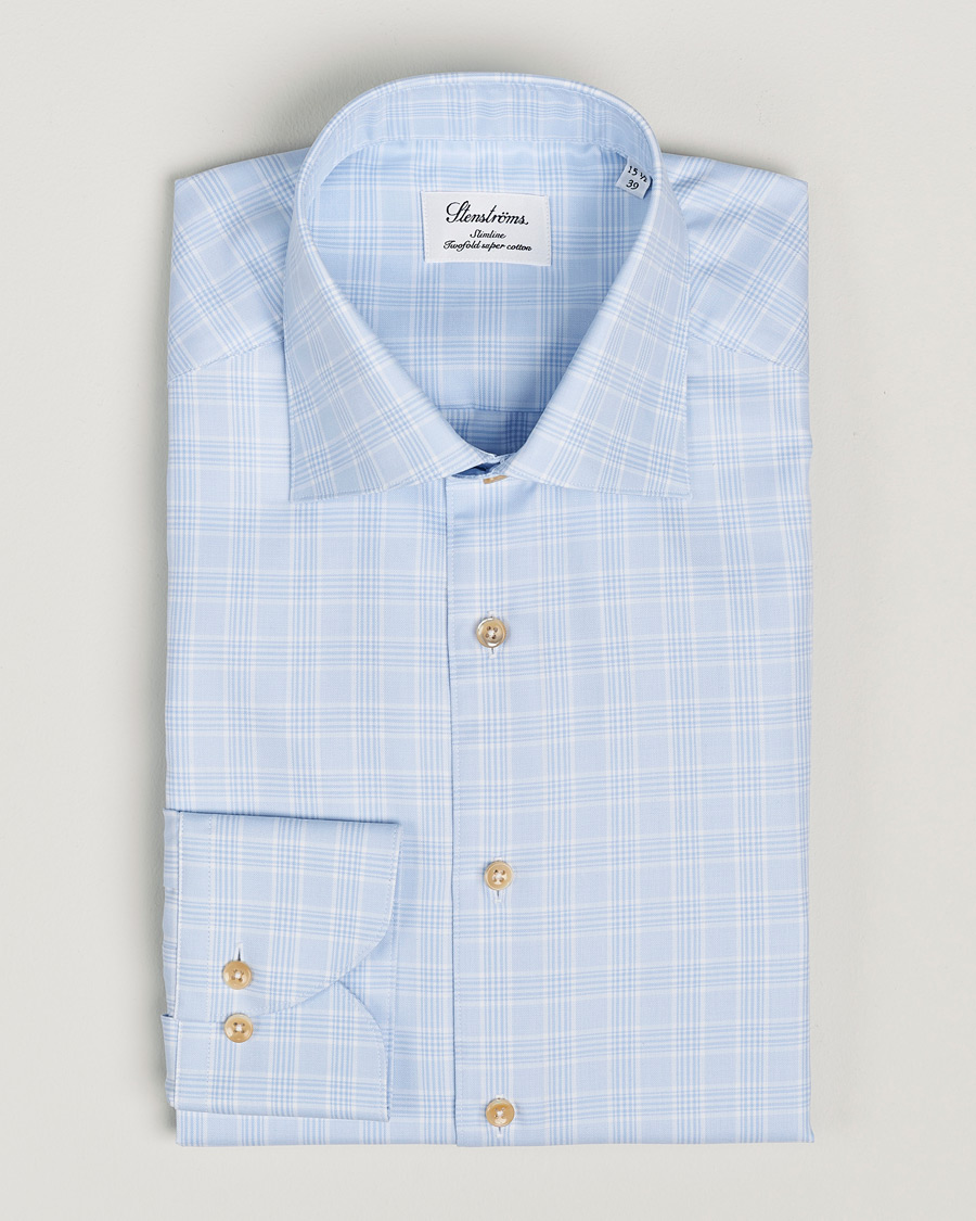 Heren | Overhemden | Stenströms | Slimline Checked Twill Cut Away Shirt Light Blue
