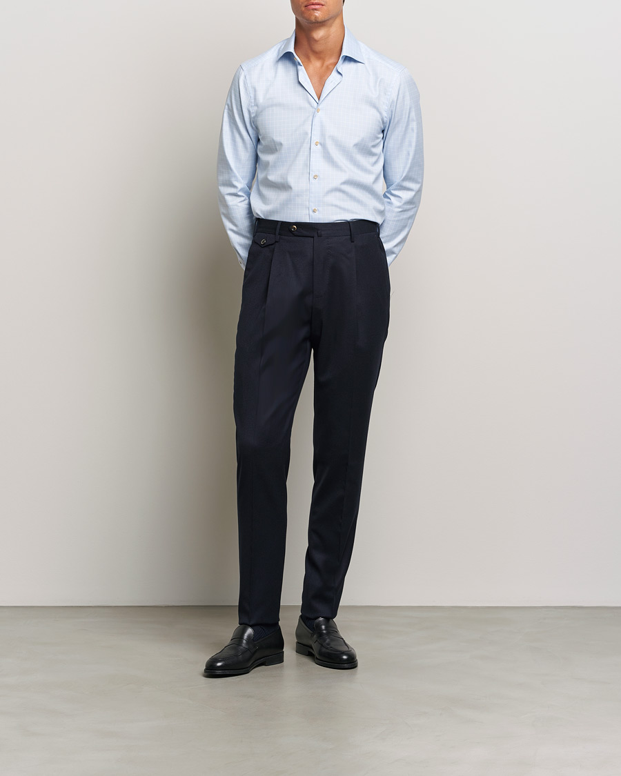 Heren | Overhemden | Stenströms | Slimline Checked Twill Cut Away Shirt Light Blue