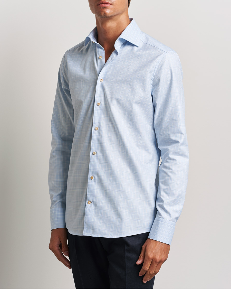 Heren | Overhemden | Stenströms | Slimline Checked Twill Cut Away Shirt Light Blue