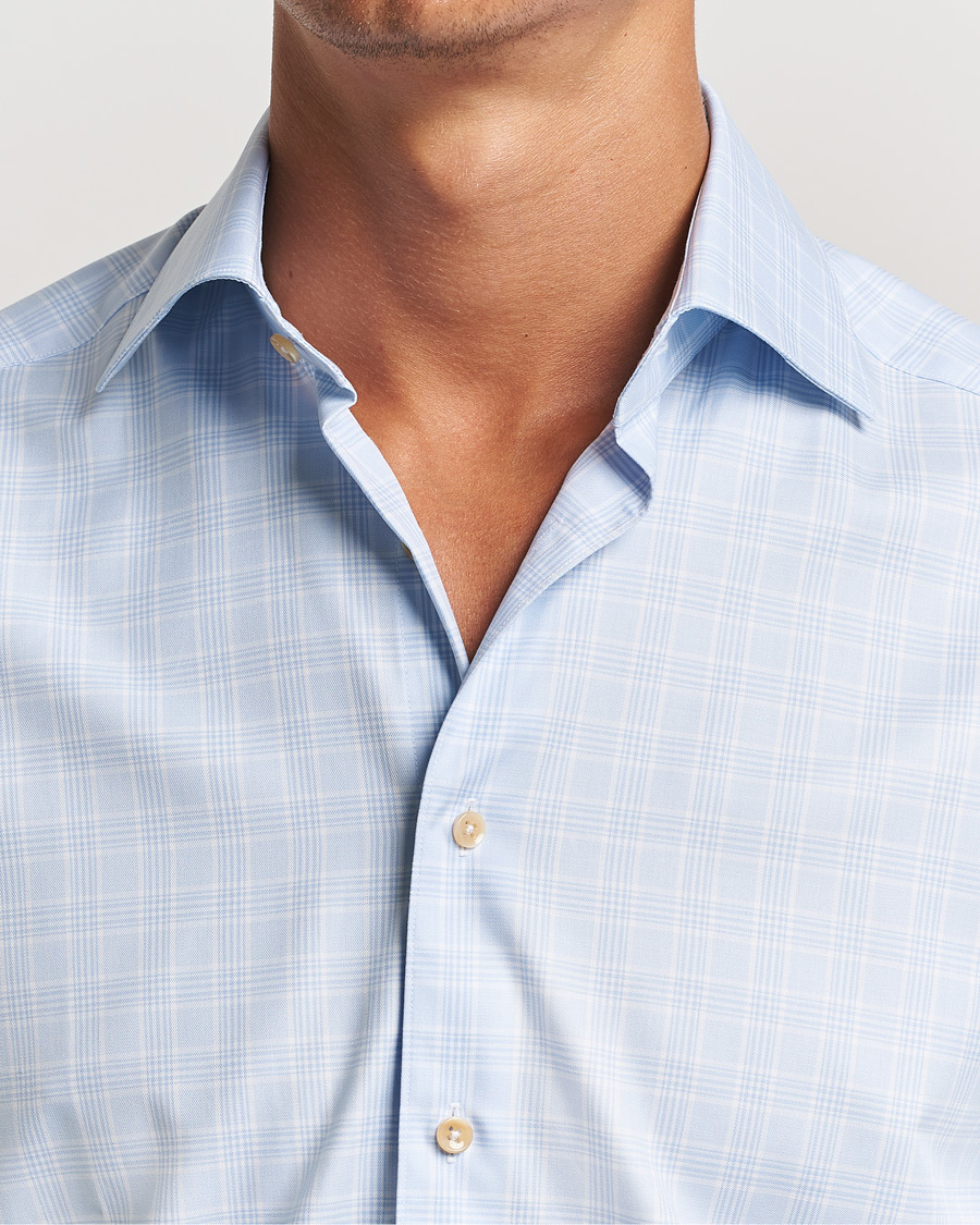 Heren | Overhemden | Stenströms | Slimline Checked Twill Cut Away Shirt Light Blue