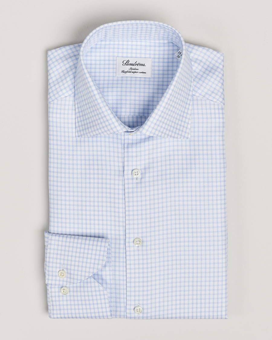 Heren | Overhemden | Stenströms | Slimline Mini Check Twill Shirt White/Blue