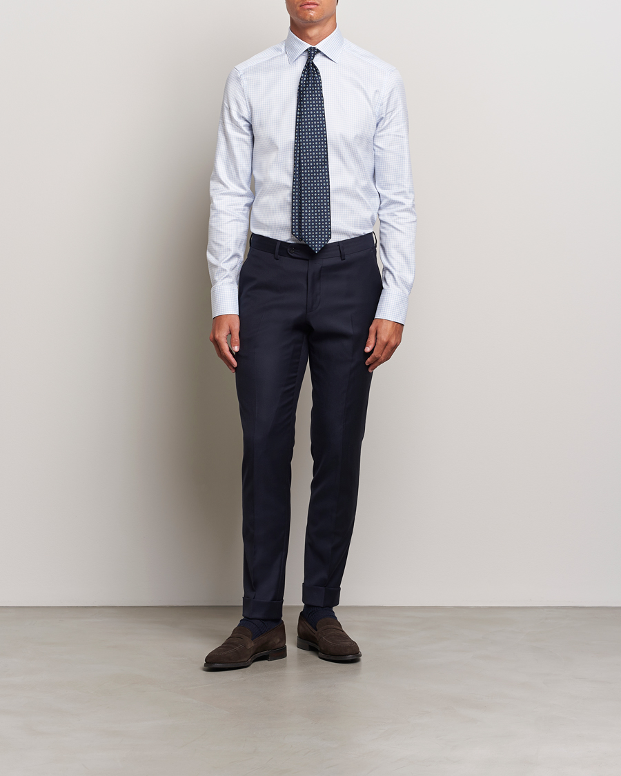 Heren | Overhemden | Stenströms | Slimline Mini Check Twill Shirt White/Blue