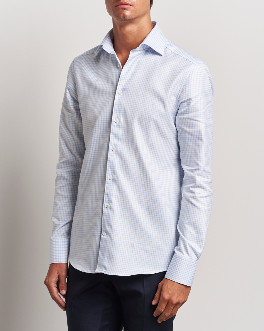 Heren | Overhemden | Stenströms | Slimline Mini Check Twill Shirt White/Blue