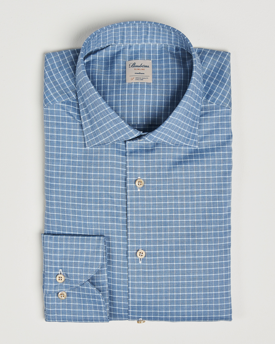 Heren | Overhemden | Stenströms | Slimline Melange Check Cut Away Shirt Blue