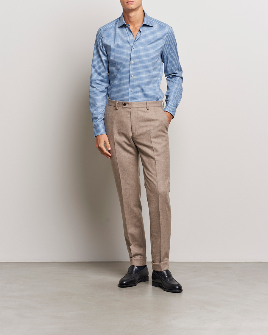 Heren | Overhemden | Stenströms | Slimline Melange Check Cut Away Shirt Blue