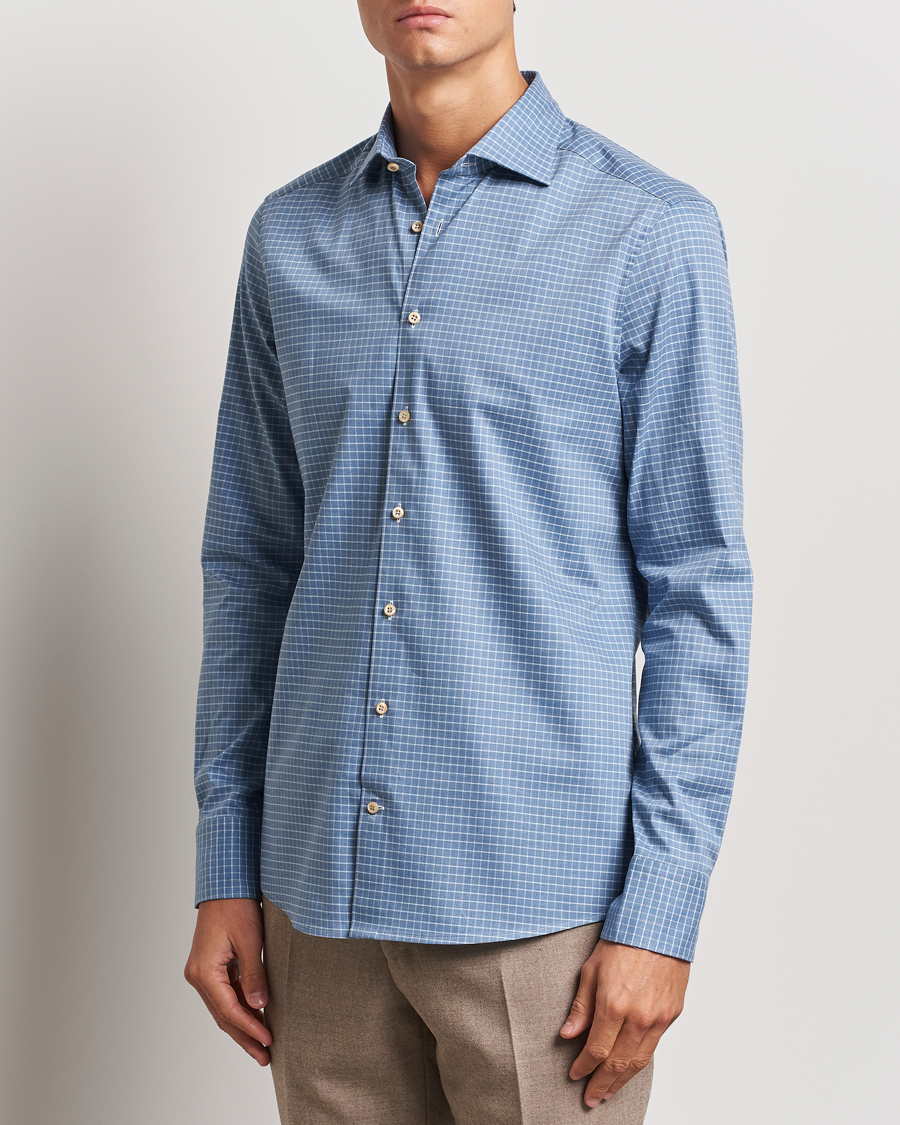Heren | Overhemden | Stenströms | Slimline Melange Check Cut Away Shirt Blue