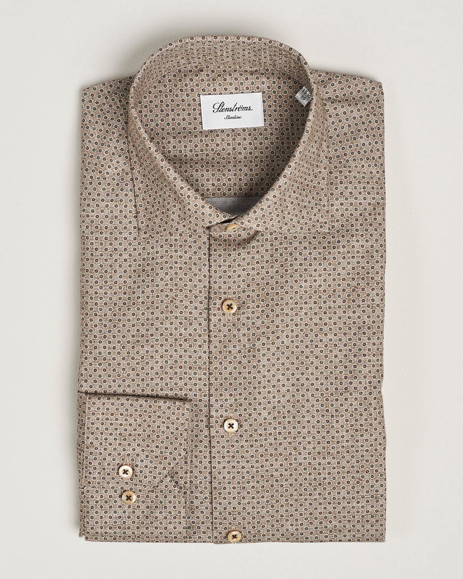 Heren | Overhemden | Stenströms | Slimline Brushed Printed Cut Away Shirt Beige