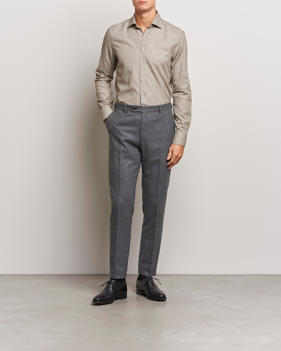 Heren | Overhemden | Stenströms | Slimline Brushed Printed Cut Away Shirt Beige