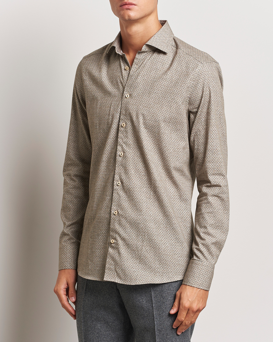 Heren | Overhemden | Stenströms | Slimline Brushed Printed Cut Away Shirt Beige