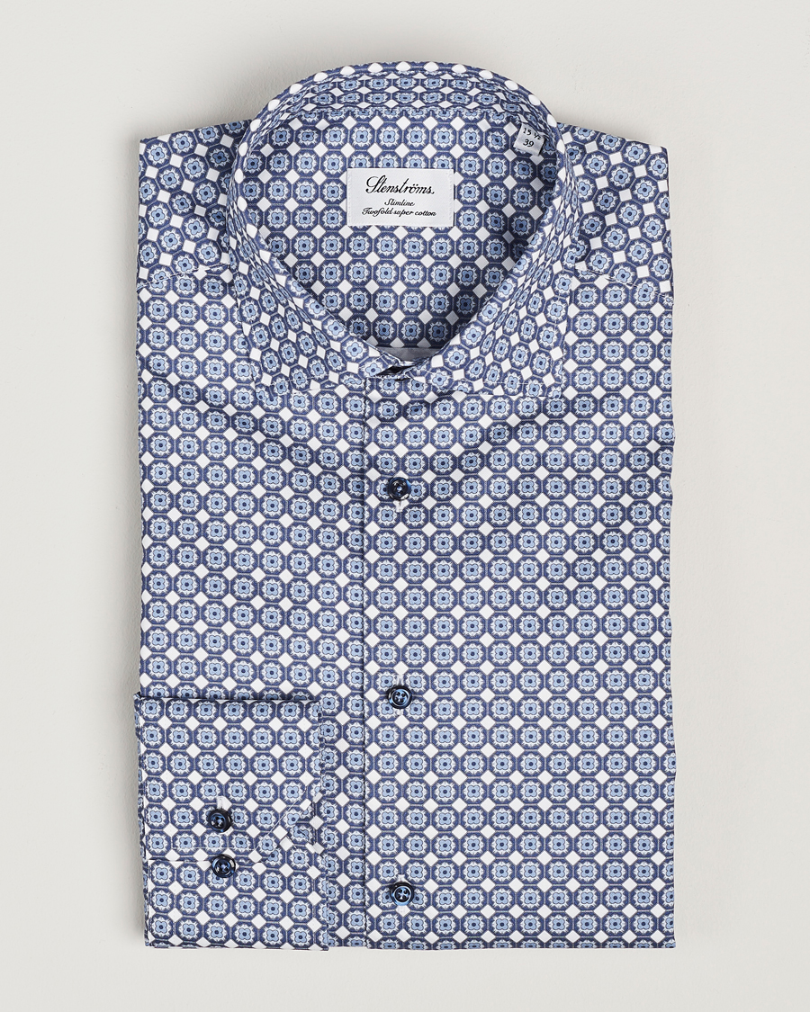 Heren | Overhemden | Stenströms | Slimline Printed Twill Cut Away Shirt Blue