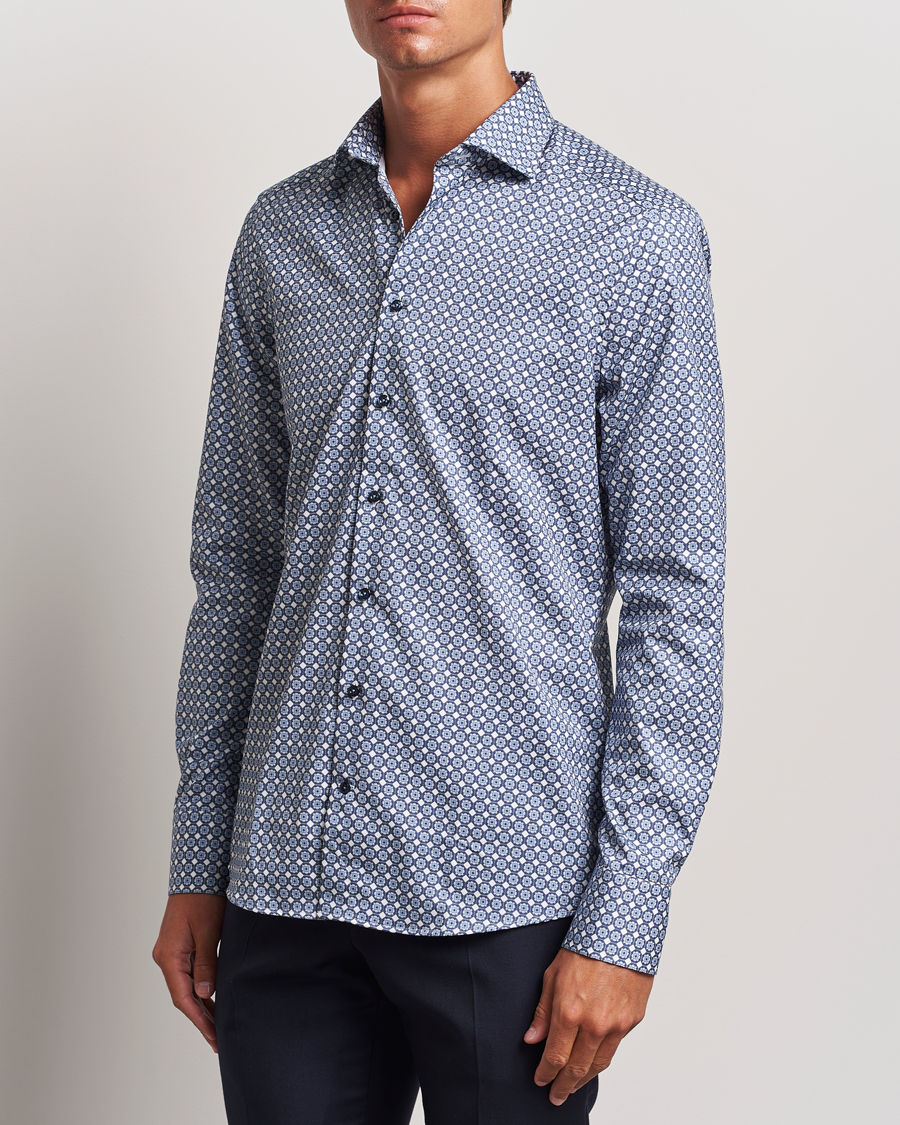 Heren | Overhemden | Stenströms | Slimline Printed Twill Cut Away Shirt Blue