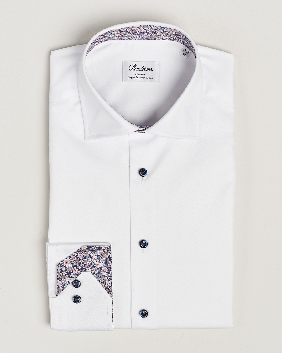 Heren | Overhemden | Stenströms | Slimline Twill Flower Contrast Shirt White