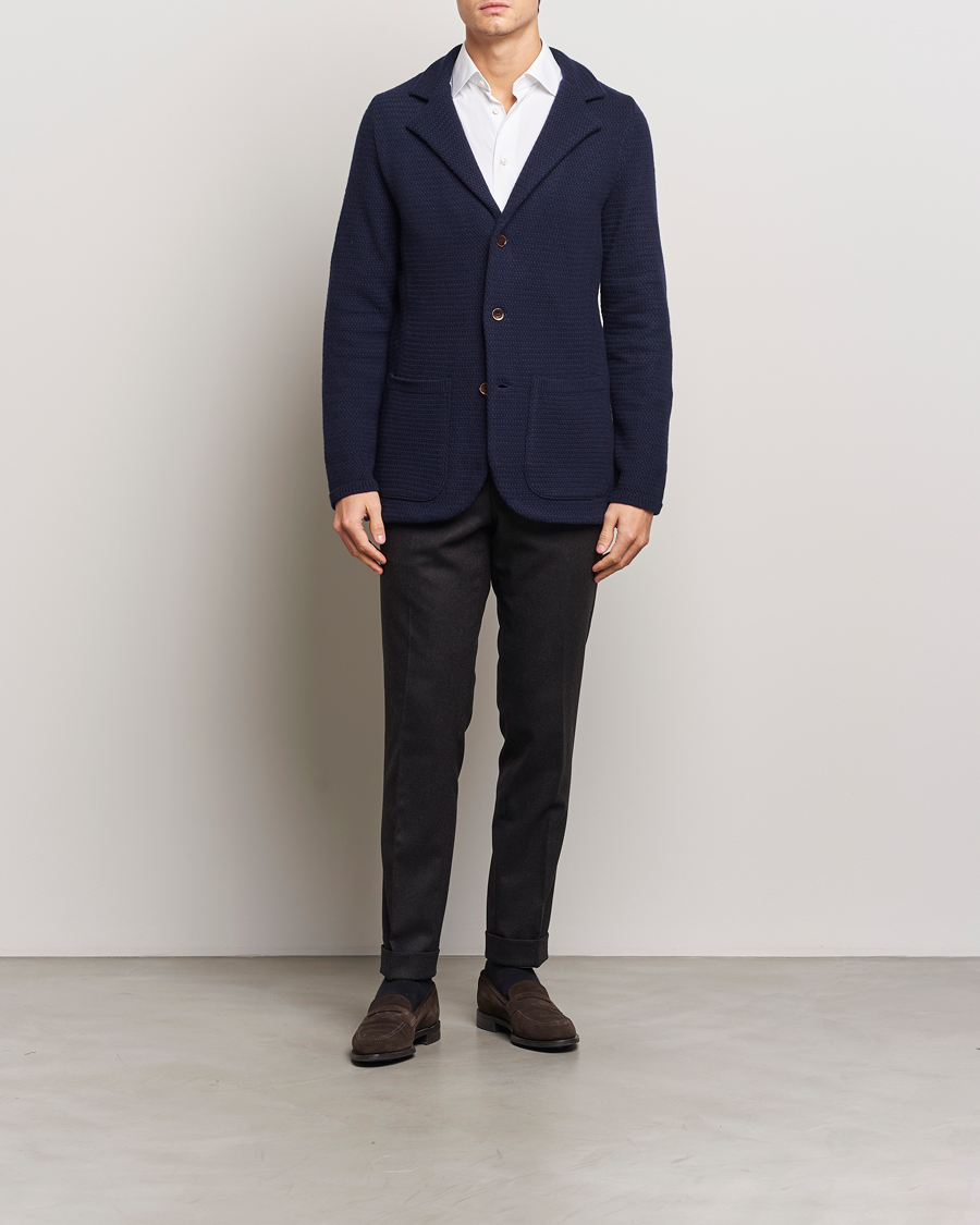 Heren | Blazers | Stenströms | Knitted Textured Merino Wool Blazer Navy