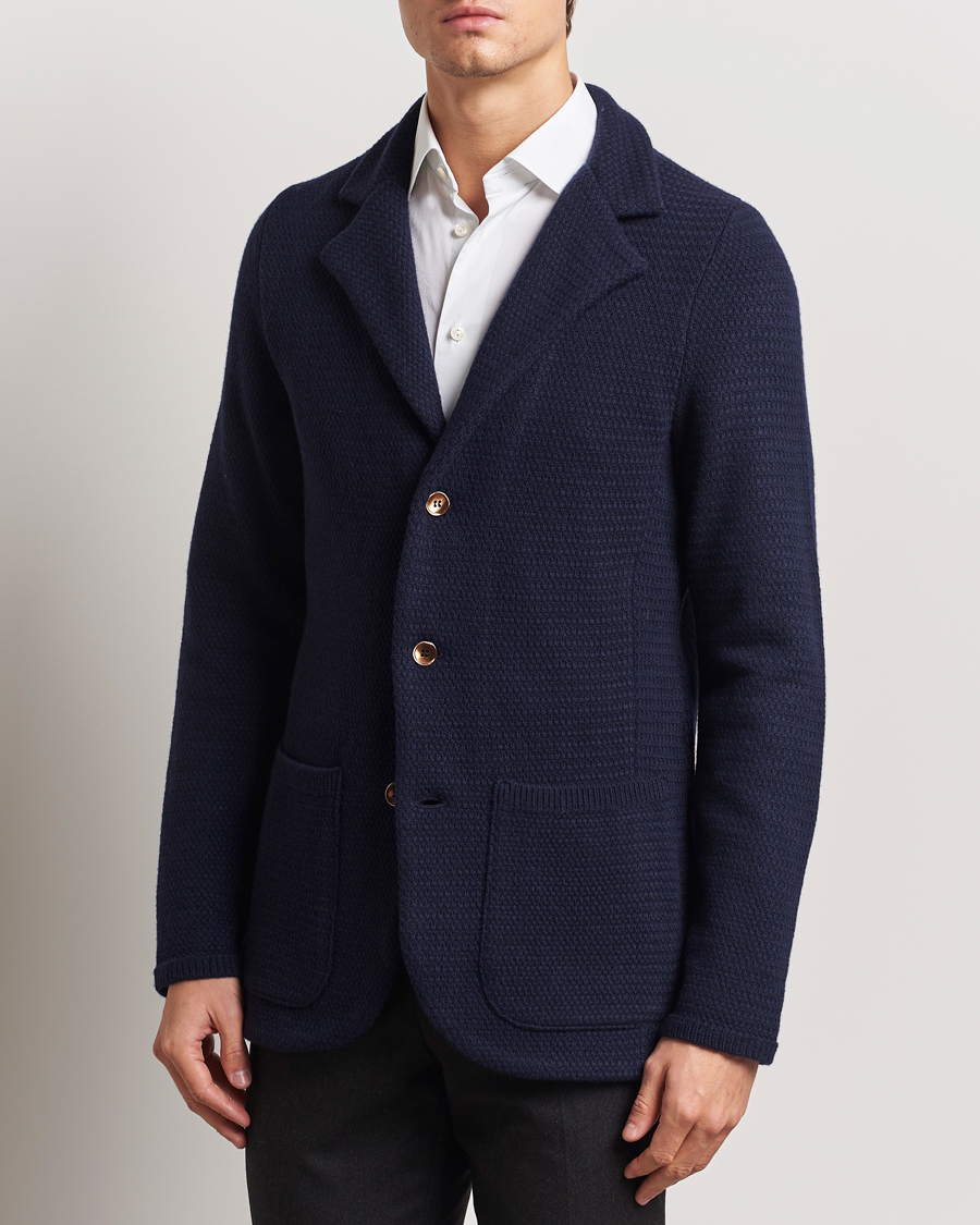 Heren | Blazers | Stenströms | Knitted Textured Merino Wool Blazer Navy