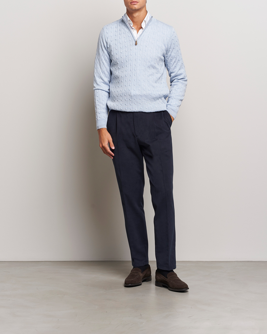 Heren | Truien | Stenströms | Merino Cable Half Zip Light Blue