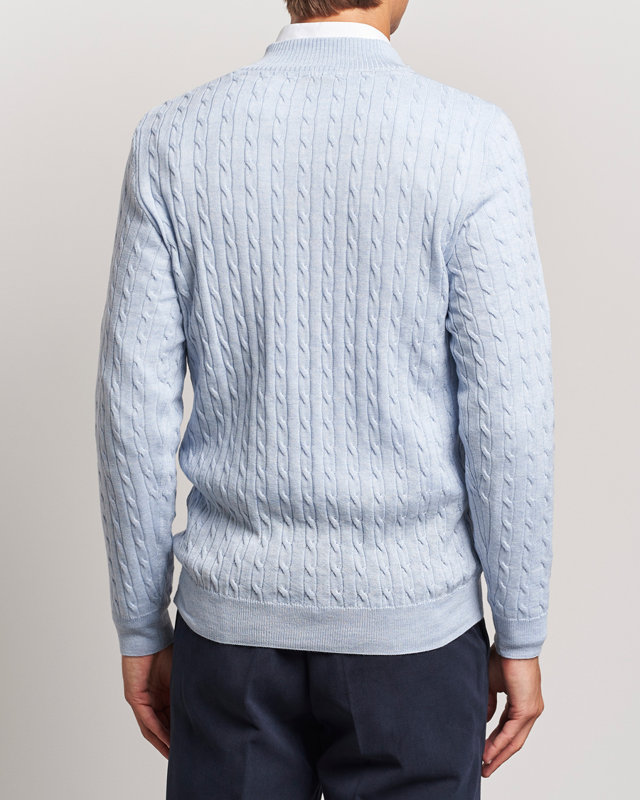 Heren | Truien | Stenströms | Merino Cable Half Zip Light Blue