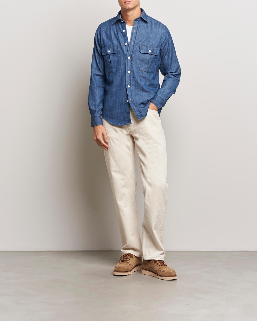 Heren | Overhemden | Drake's | Denim Cotton Two Pocket Work Shirt Blue