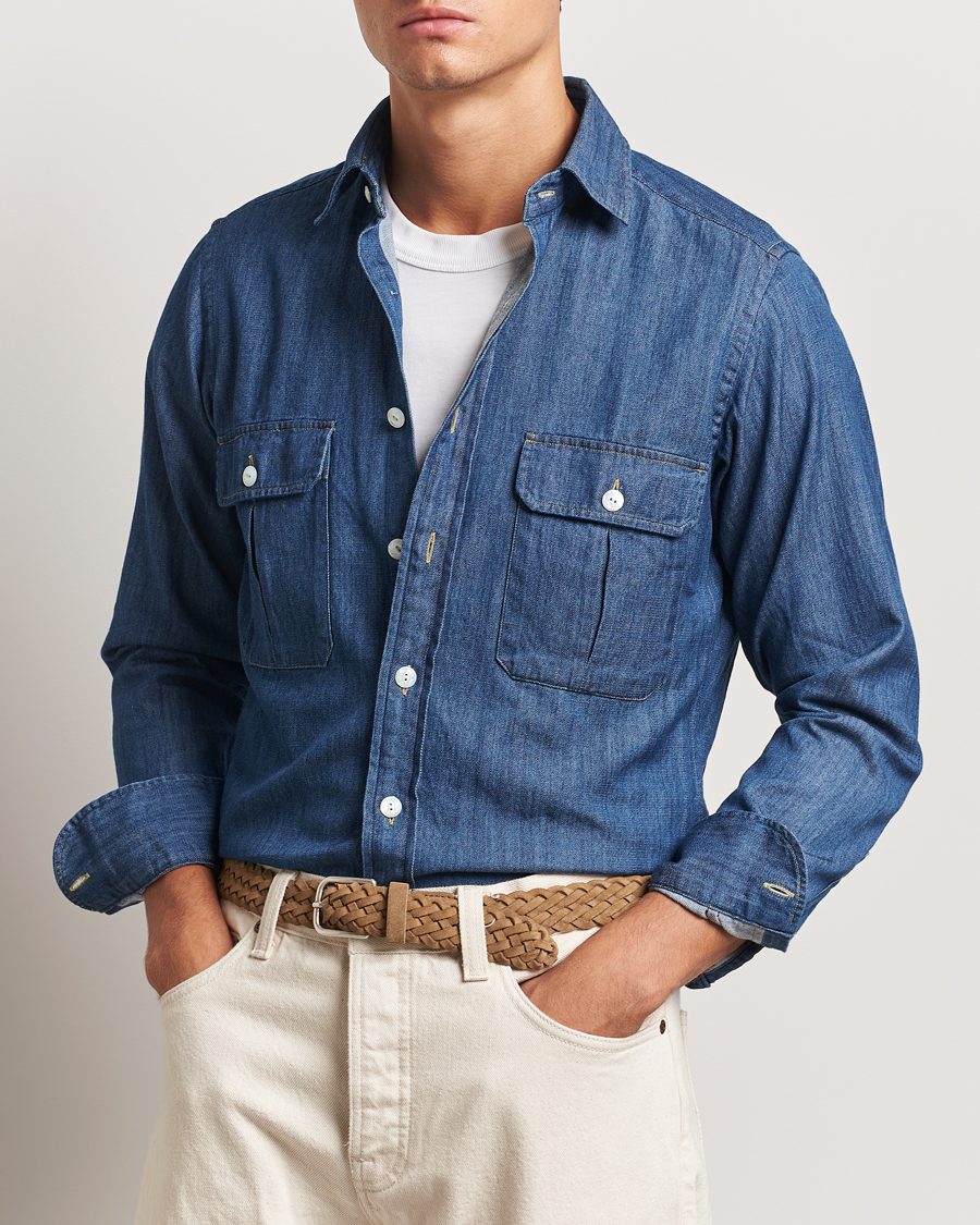 Heren | Overhemden | Drake's | Denim Cotton Two Pocket Work Shirt Blue
