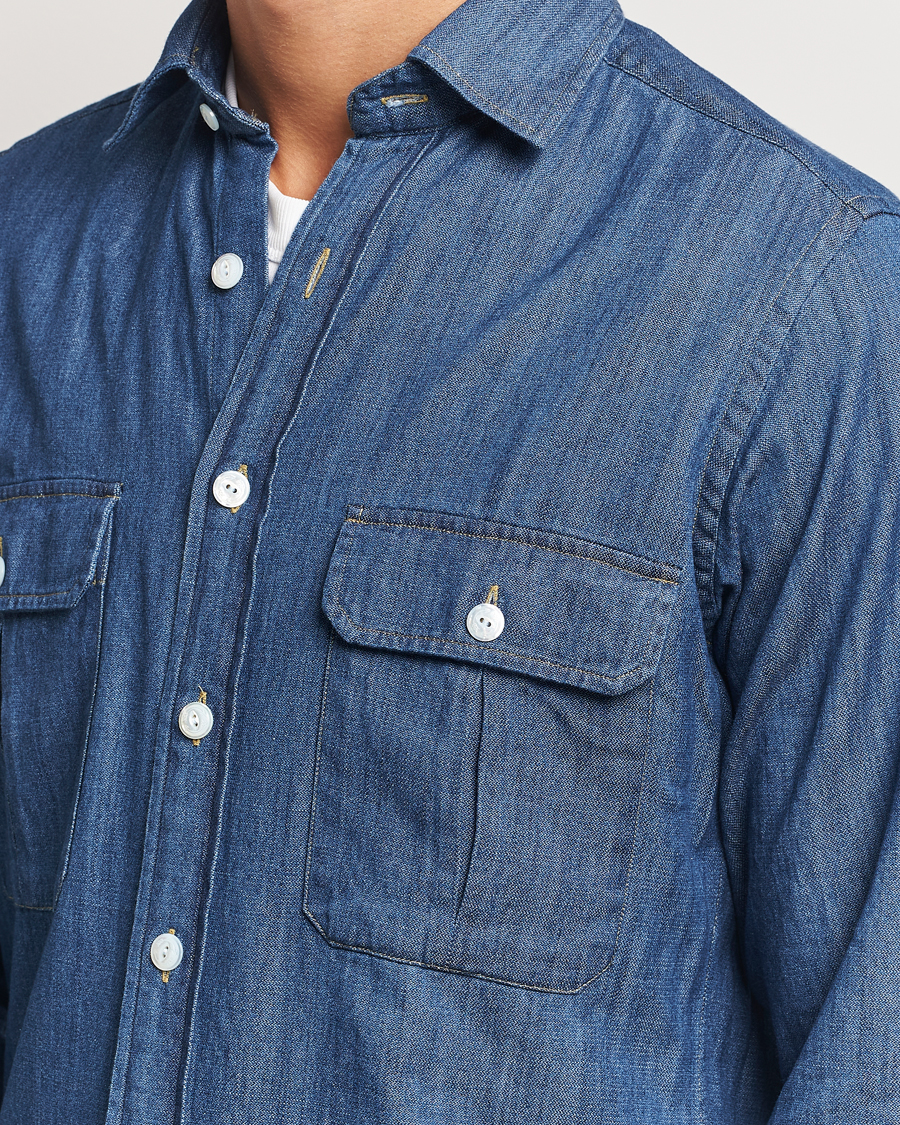 Heren | Overhemden | Drake's | Denim Cotton Two Pocket Work Shirt Blue