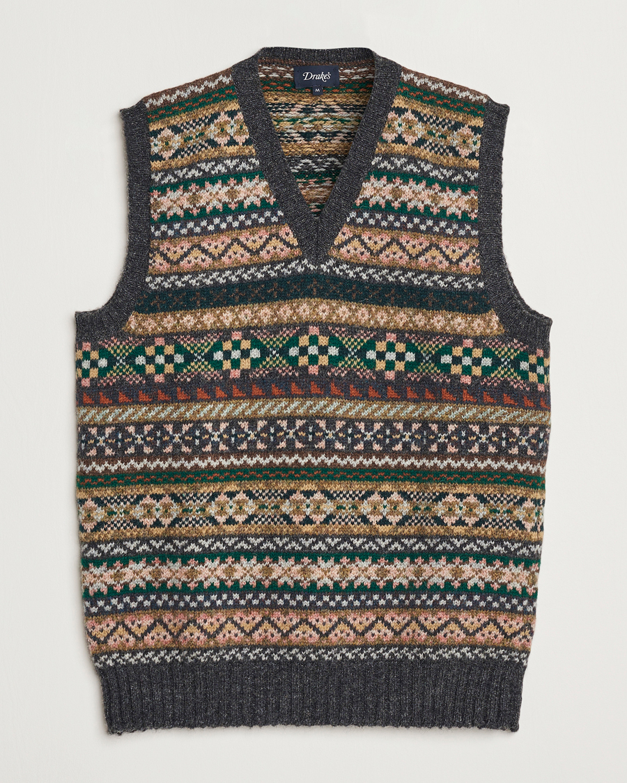 Heren | Truien | Drake's | Fairisle Wool Vest Purple Multi