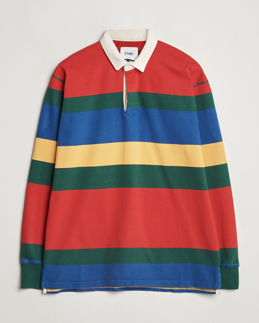 Heren | Truien | Drake's | Multi Striped Rugby Shirt Red/Green/Blue