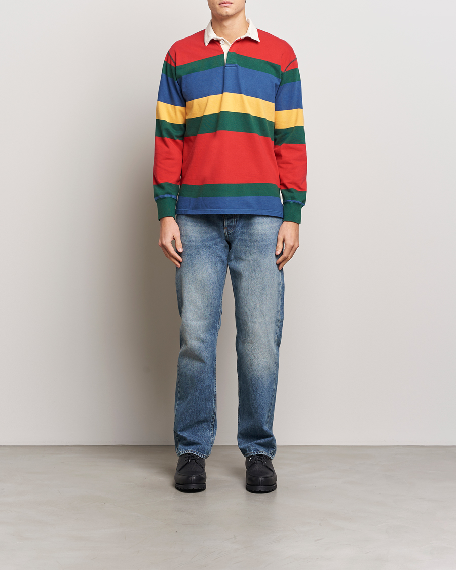 Heren | Truien | Drake's | Multi Striped Rugby Shirt Red/Green/Blue