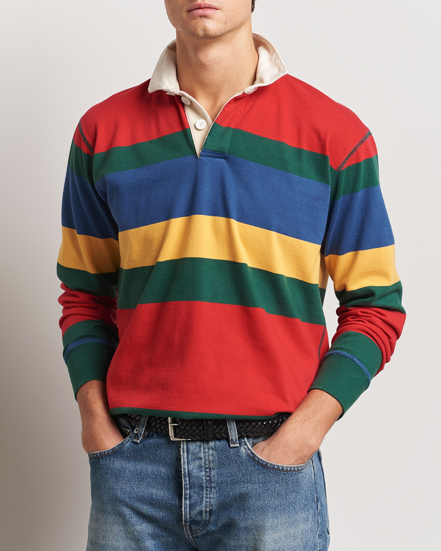 Heren | Truien | Drake's | Multi Striped Rugby Shirt Red/Green/Blue