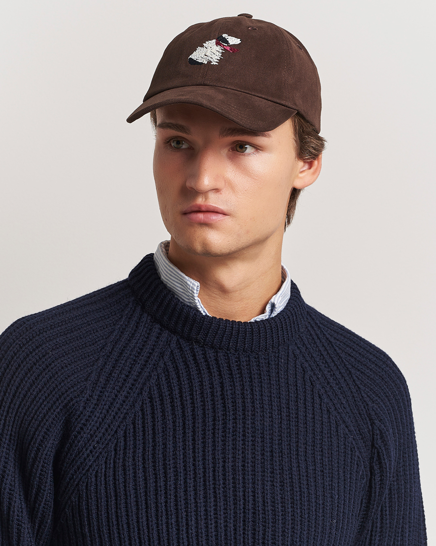Heren | Drake's Embroidered Dog Heavy Twill Cap Brown | Drake's | Embroidered Dog Heavy Twill Cap Brown