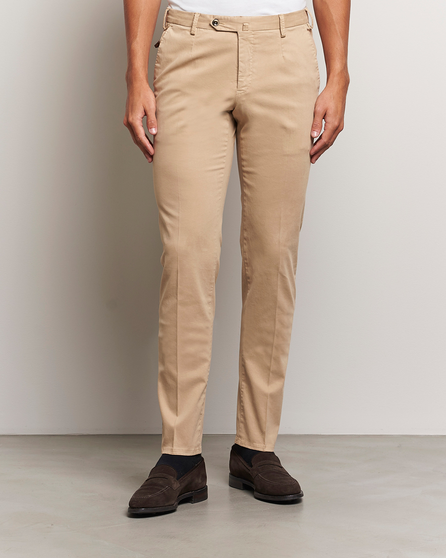 Heren | Broeken | PT01 | Slim Fit Pleated Cotton Trousers Beige