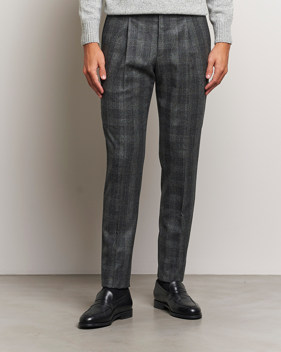 Heren | Broeken | PT01 | Slim Fit Pleated Checked Flannel Trousers Grey