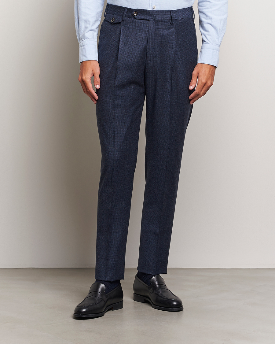 Heren | Broeken | PT01 | Slim Fit Pleated Houndstooth Flannel Trousers Navy