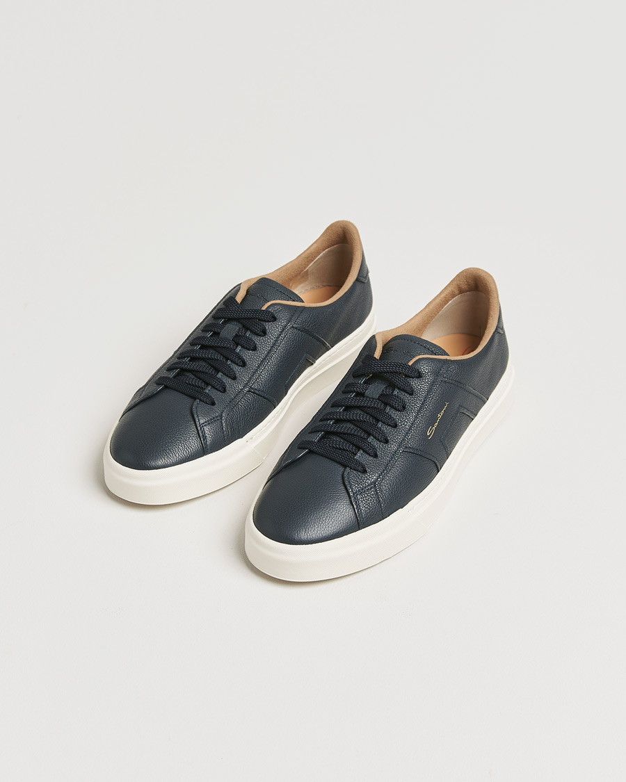 Heren | Santoni Double Buckle Sneakers Navy Grain | Santoni | Double Buckle Sneakers Navy Grain