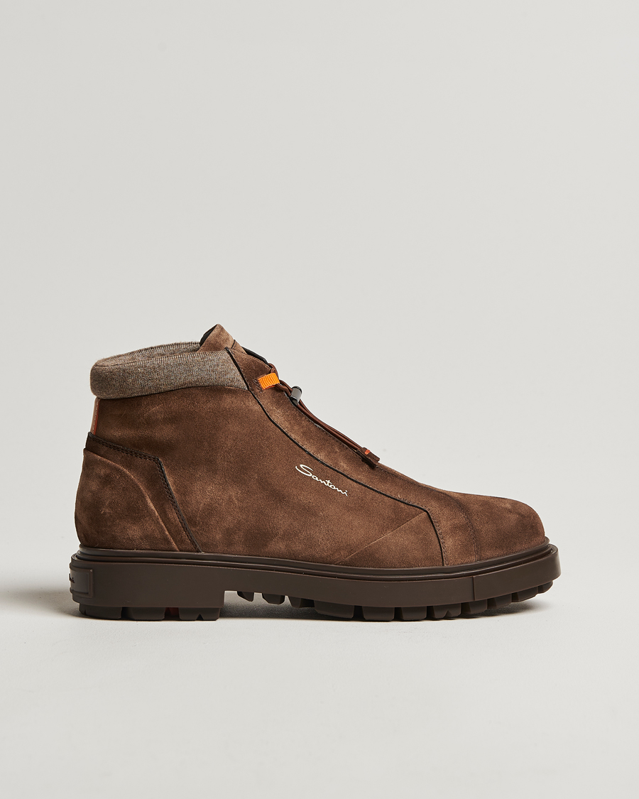 Heren | Santoni St Moritz No Lace Boot Dark Brown Suede | Santoni | St Moritz No Lace Boot Dark Brown Suede