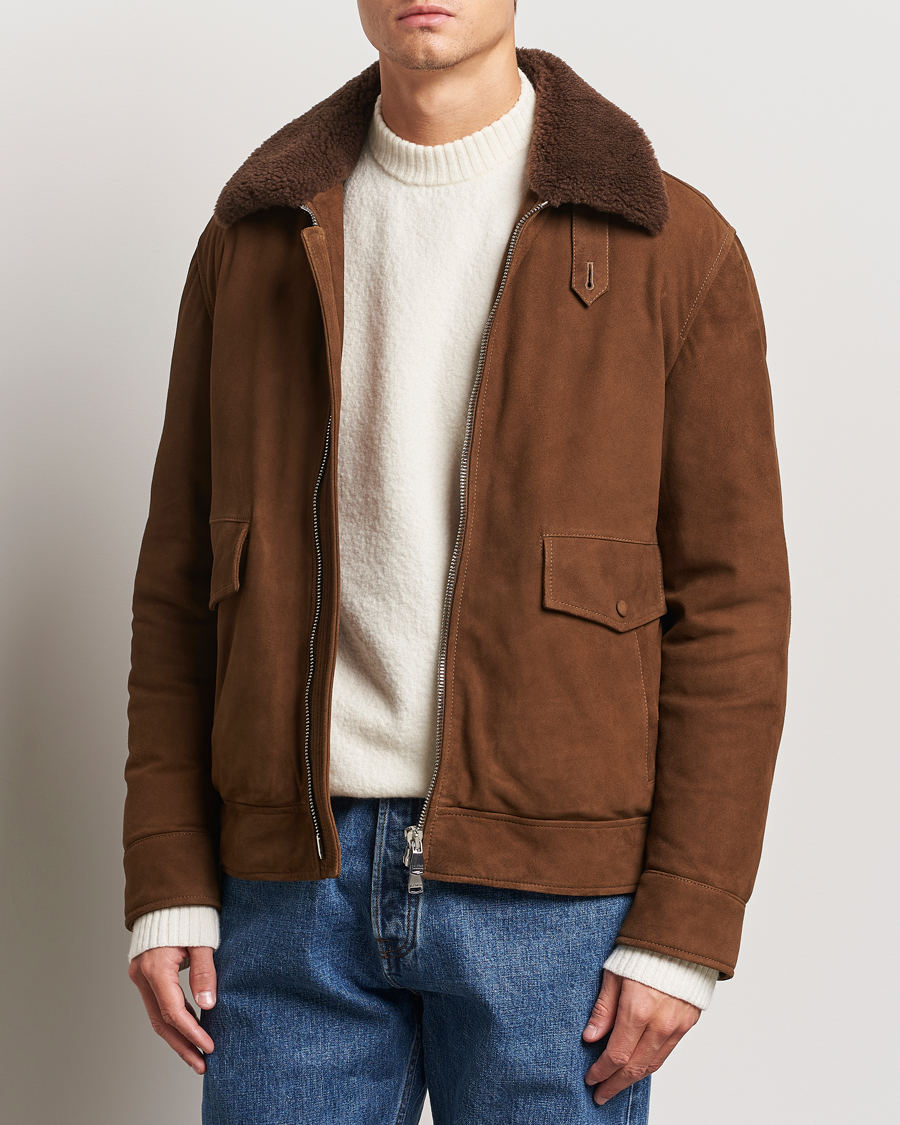 Heren | Jassen | Valstar | Goose Down Shearling Flight Jacket Brown Suede
