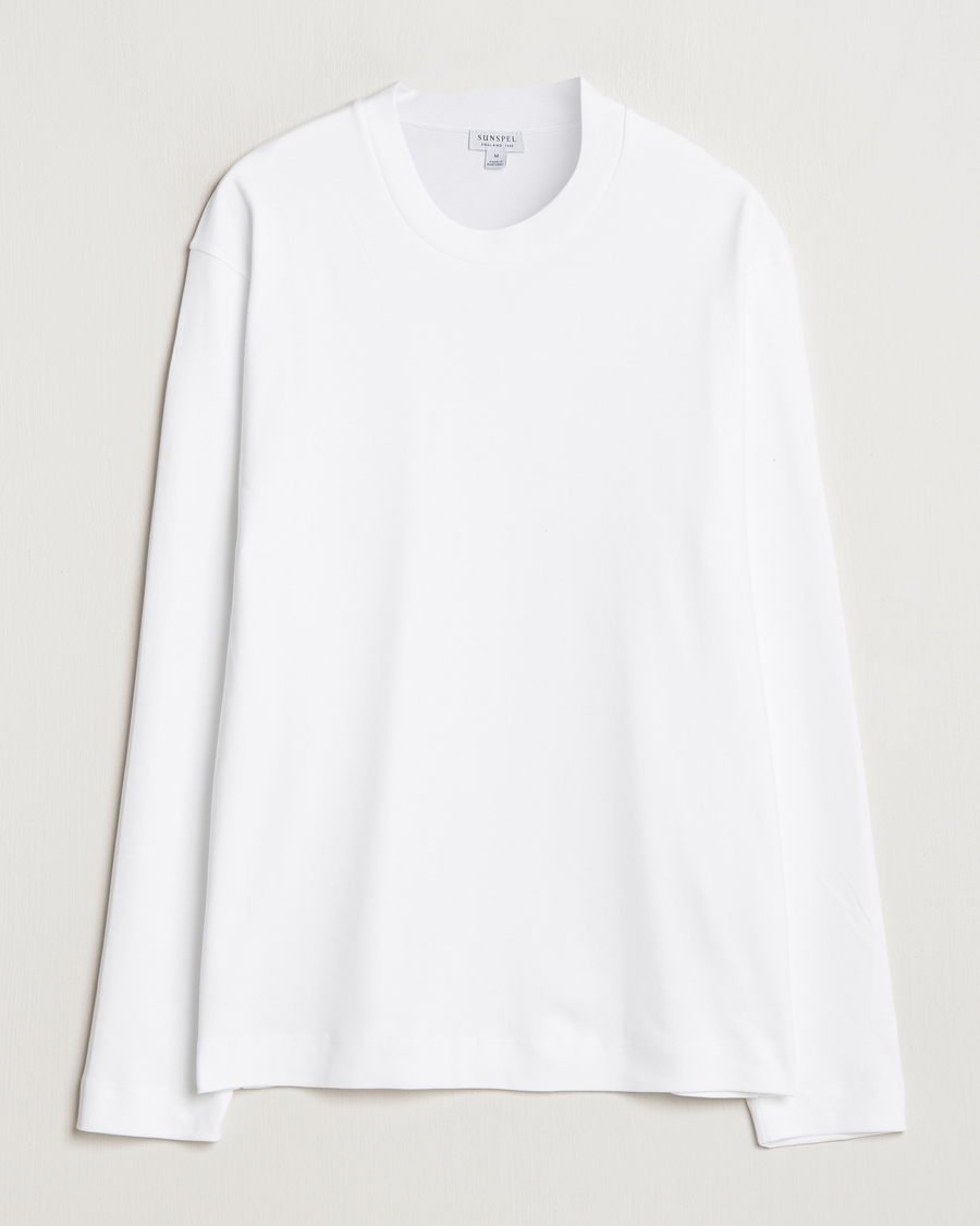Heren | T-shirts | Sunspel | Heavyweight Mock Neck Long Sleeve T-Shirt White