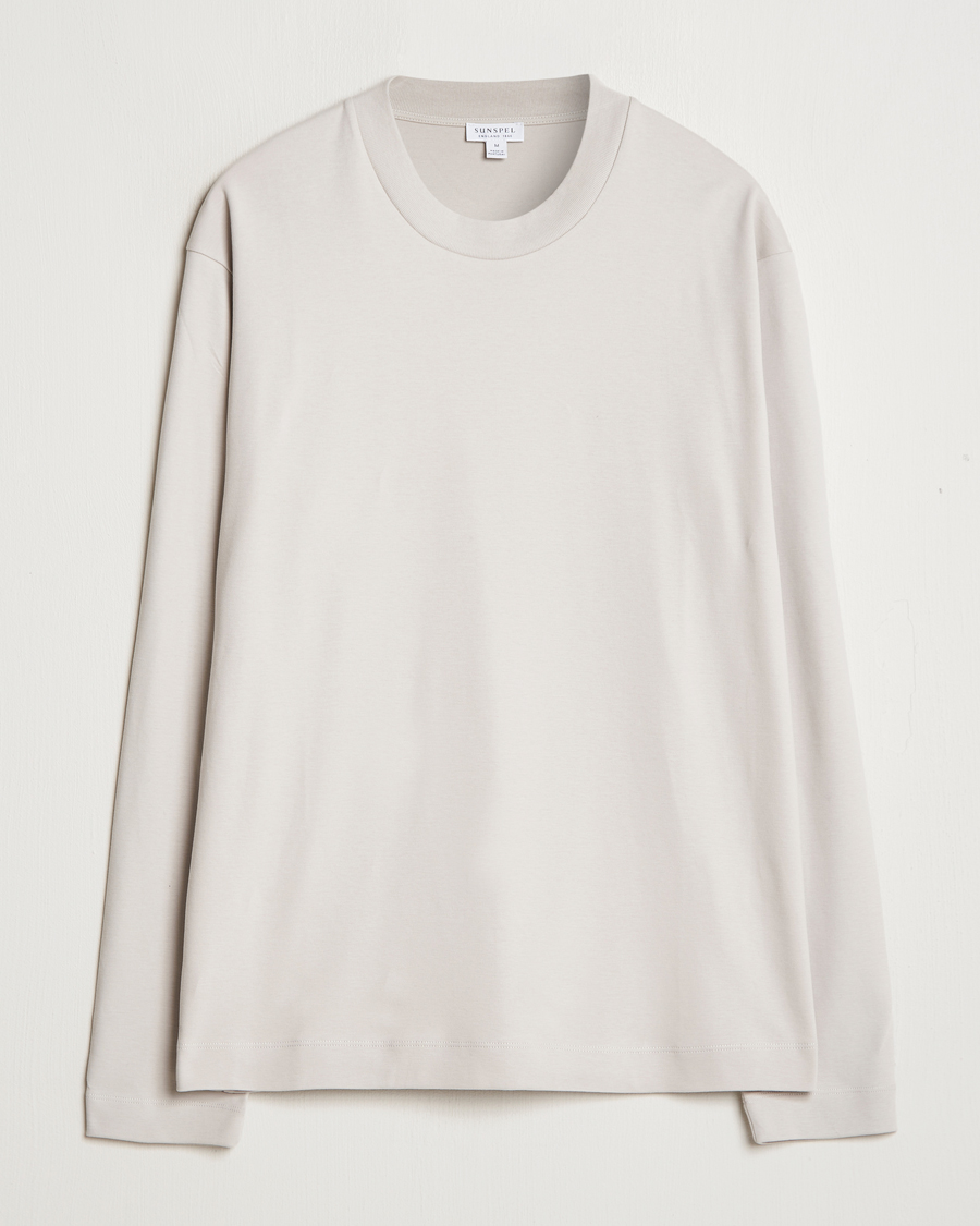 Heren | T-shirts | Sunspel | Heavyweight Mock Neck Long Sleeve T-Shirt Putty