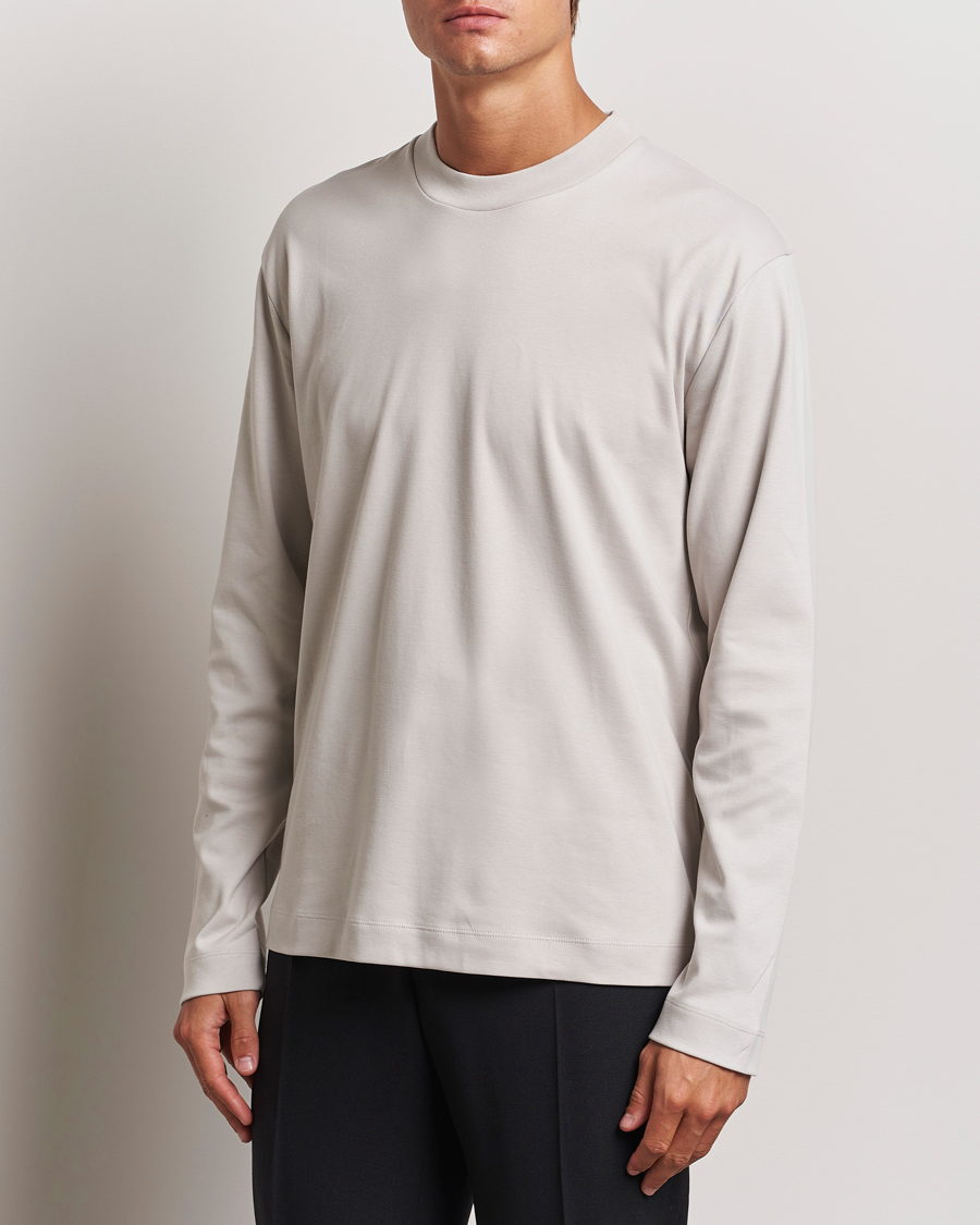 Heren | T-shirts | Sunspel | Heavyweight Mock Neck Long Sleeve T-Shirt Putty