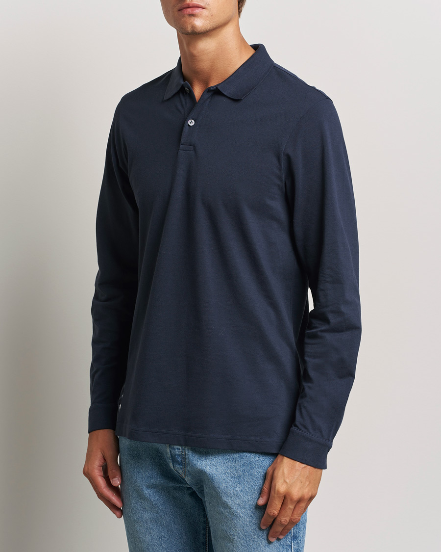 Heren | Polo's | Sunspel | Supima Cotton Long Sleeve Pique Polo Navy