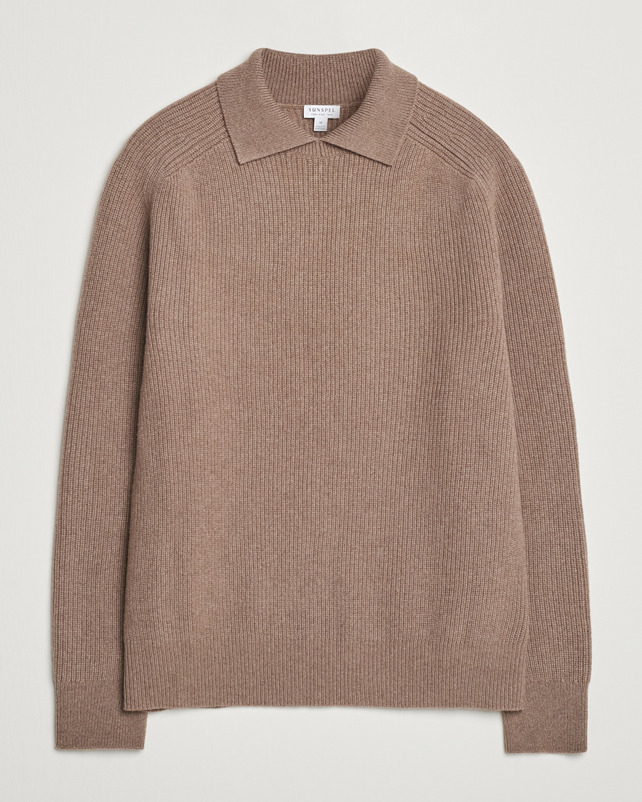 Heren | Truien | Sunspel | Ribbed Wool/Cashmere Poloneck Sandstone